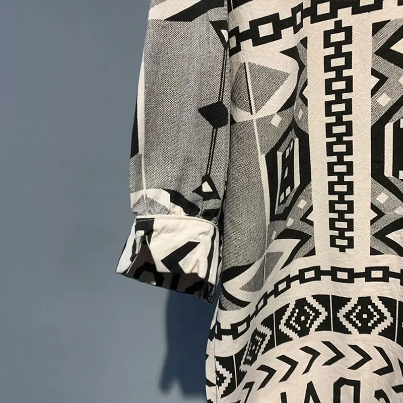 2024 New Summer Trend Korean Version Personalized Hip-hop Style Lapel Fashionable Print Loose Oversize Casual Mid Sleeved Shirt