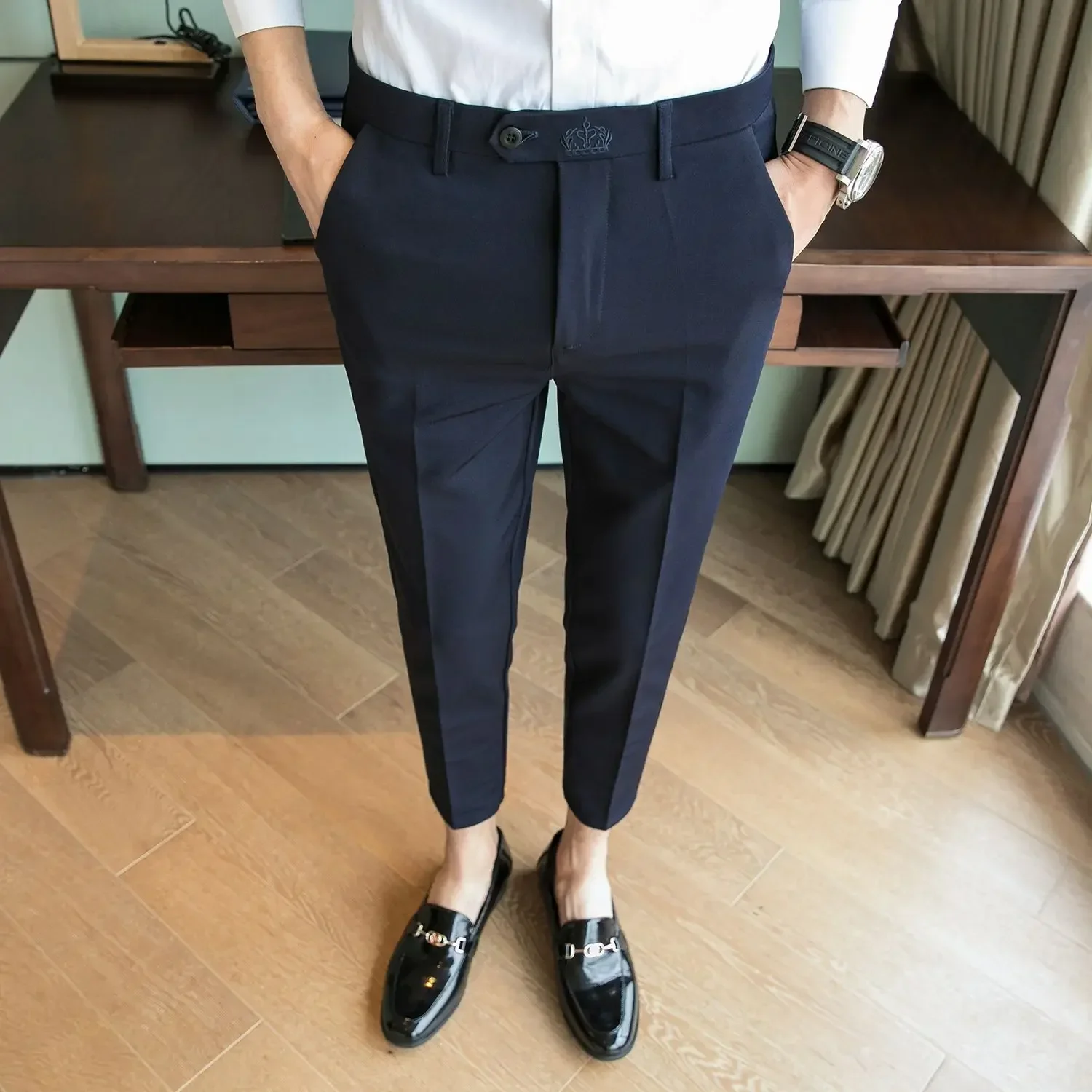 thumbnail image 1 of Pantalones de verano de talla grande para hombre, pantalones de traje rectos grises para hombre, ropa de primavera, ropa de trabajo, clásicos, elegantes, de alta calidad, baratos, 1 of 5