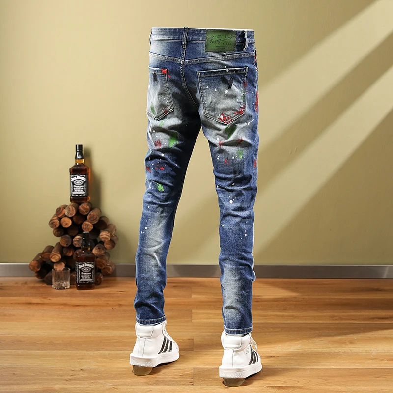 High Street Fashion Men Jeans Stretch Trousers Retro Blue Elastic Skinny Ripped Jeans Men Painted Designer Hip Hop Pants Hombre
