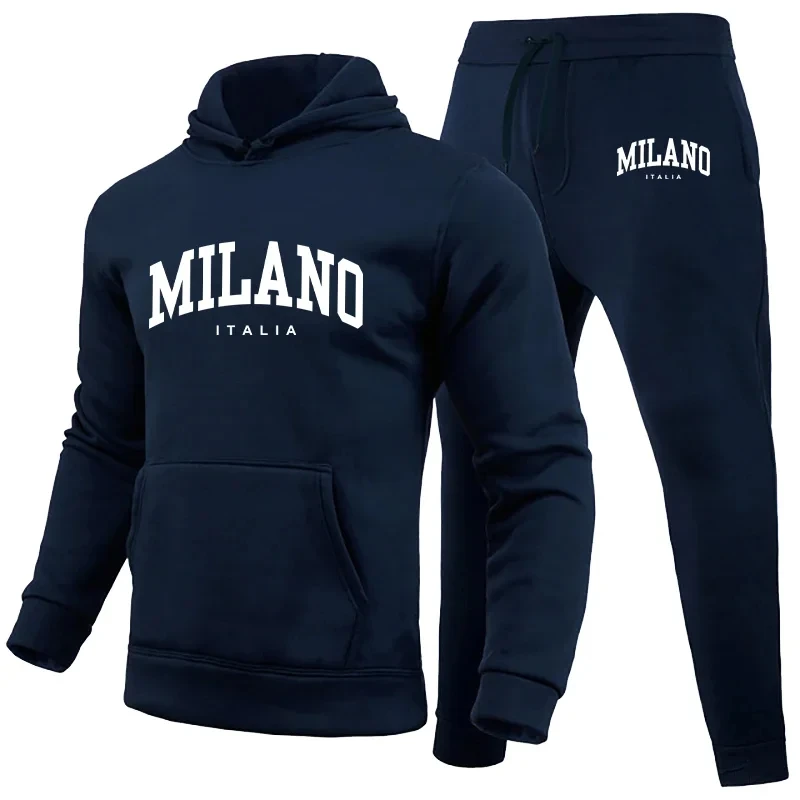 Men's Luxury Hoodie Set Milano Print Sweatshirt Sweatpant for Male Hooded Tops Jogging Trousers Suit Casual Streetwear Tracksuit 5