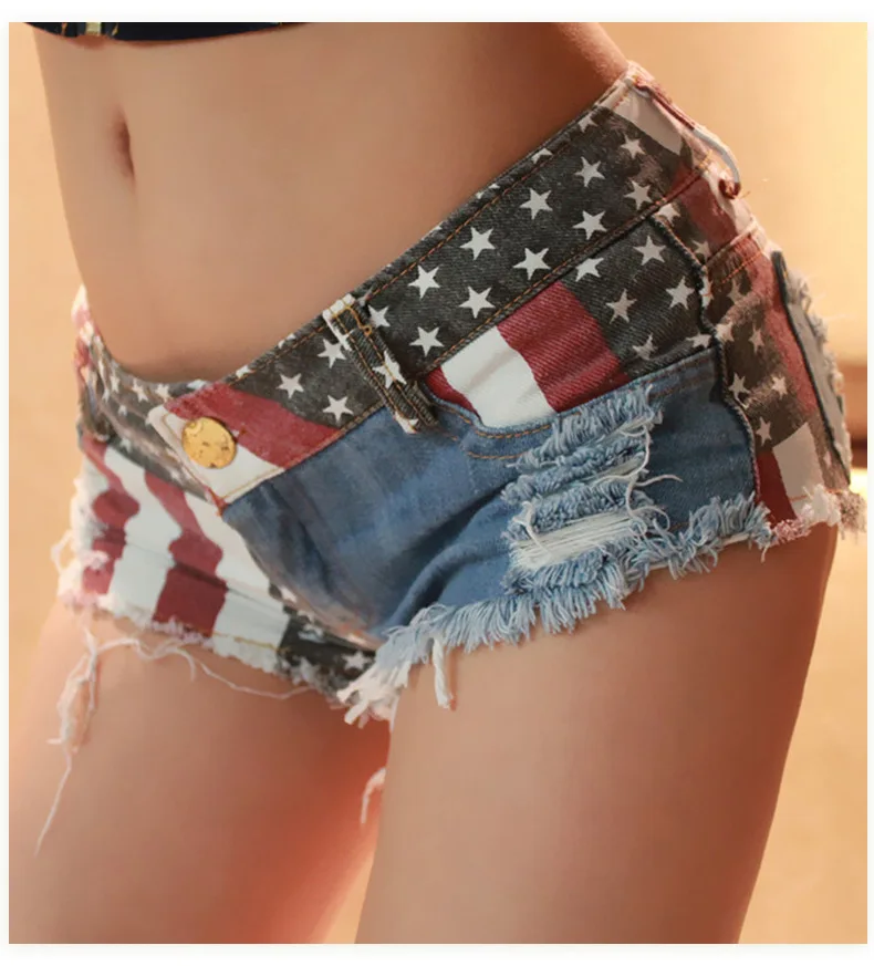 New 2022 Sexy Women's High Waist Hole Jeans Shorts American Flag Printed Daisy Duke Ripped Denim Shorts