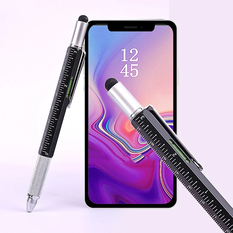 6 In 1 볼펜 금속 다기능 합금 도구 펜 측정 기술 눈금자 스크루 드라이버 터치 스크린 스타일러스 정신 수준