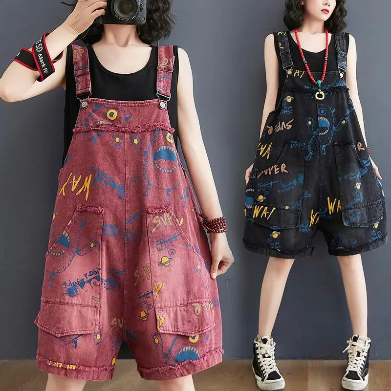 

Bib Shorts Cowboy Rompers Letter Printing Jeans Female 2024 Women Summer New Loose Fashion Jumpsuit Denim Five-Point Pants