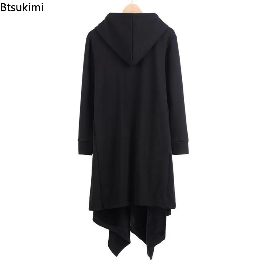 Spring Autumn New Men Ribbons Patchwork Punk Hip Hop Long Trench Coat Hooded Cloak Men Black Techwear Vlevet Jacket Overcoat