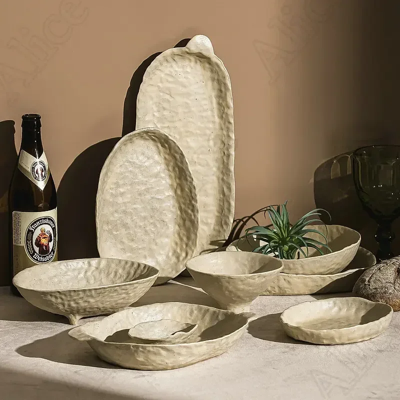 Good-looking Hand-kneaded Vegetable Plate Japanese-style Ceramic Handmade Plate Household Coarse Pottery Retro Fish