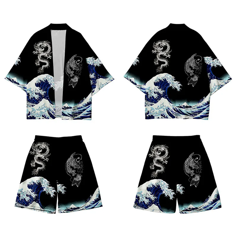 Kanagawa Wave Dragon Print Kimono Shorts Sets Two-piece Suit Yukata Japanese Cardigan Women Men Harajuku Cosplay Loose Haori