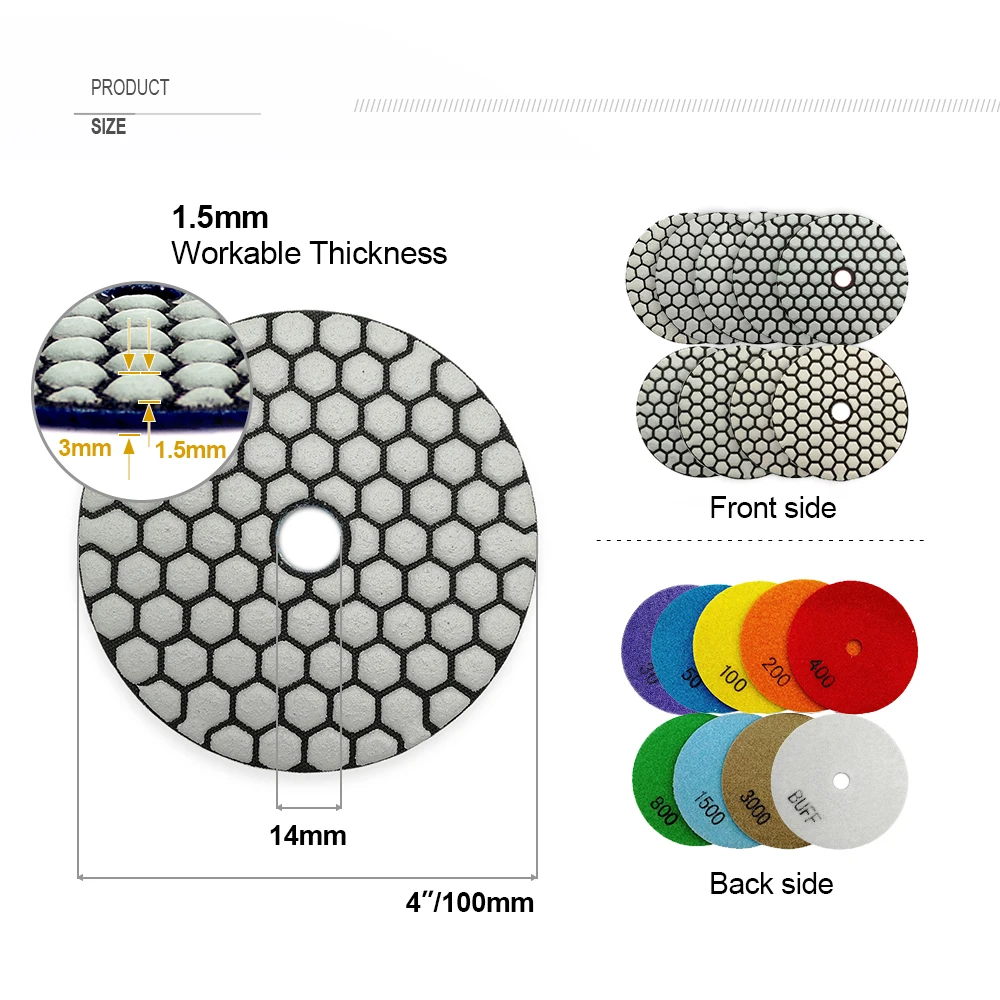 Diamond Dry Polishing Pads for Granite and Marble - 6 Pack, Flexible Resin Sanding Discs, 100mm Stone Polisher, 4-inch Diameter