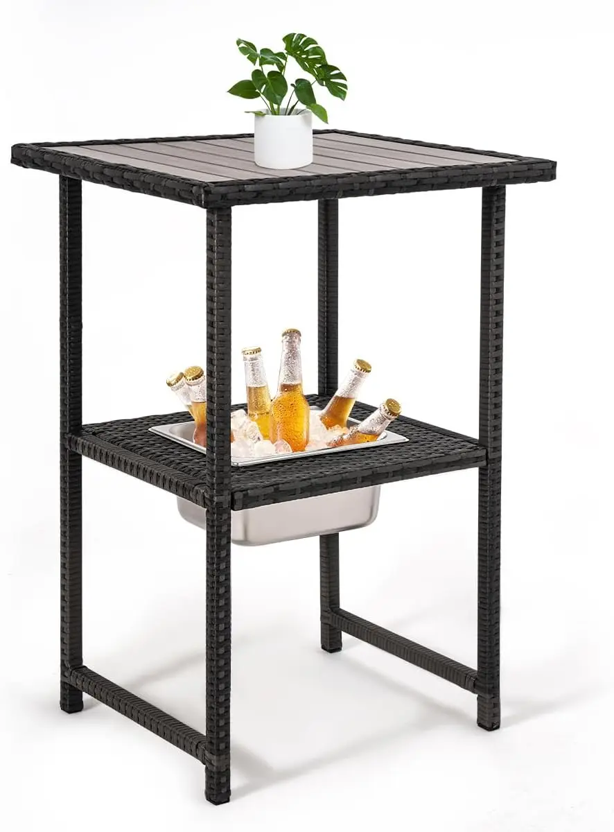 

Outdoor Bar Wicker Table with Ice Bucket, Patio Rattan Drink Pub Counter, Outside All Weather Tall Dining Side Table