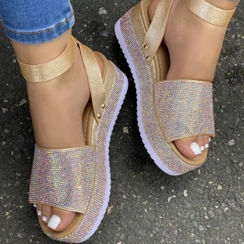New Casual Wedges Shiny Rhinestone Sandals Women's 2026 Summer Platform Sandals Women's Ankle Strap Sandals 1