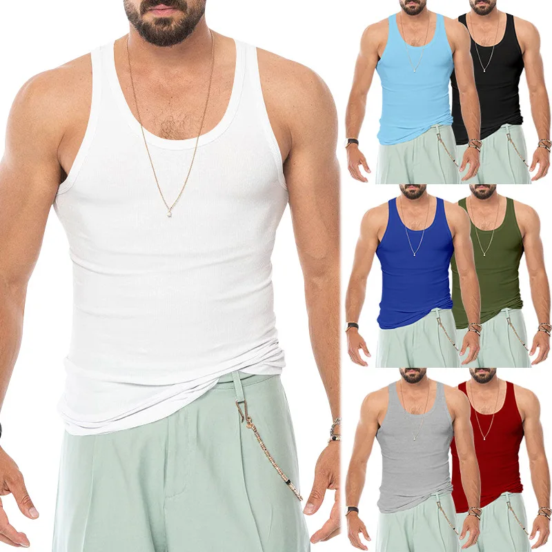 

Men's Vest Stretch Tight-fitting Solid Color Sports Vest Men's Summer Slim Fit Bodybuilding Bottoming Shirt Wholesale