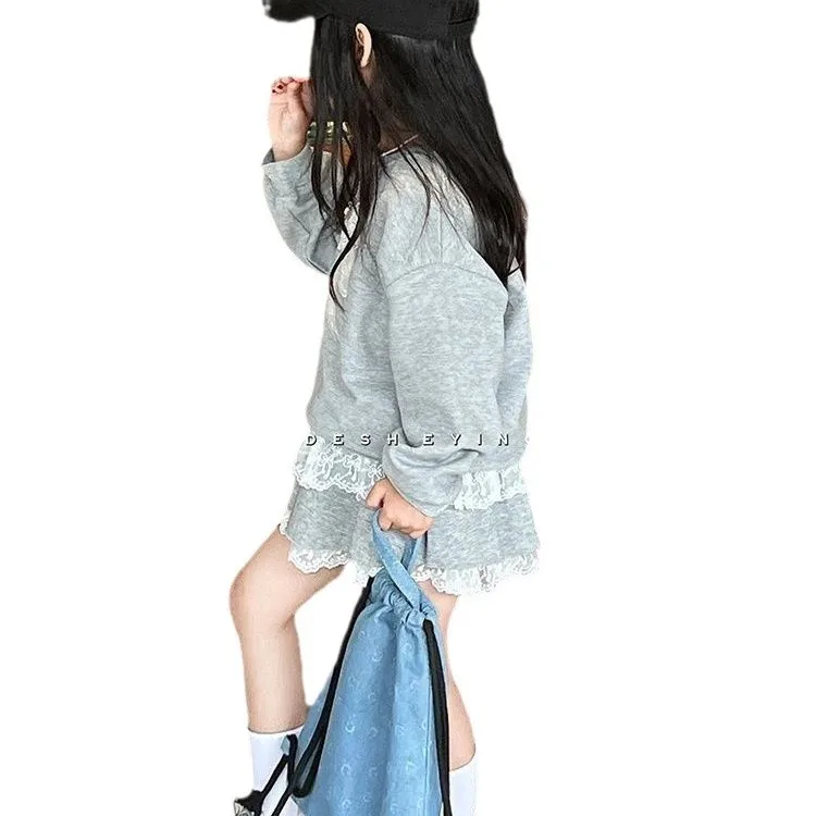 Spring Autumn Korean Kids Girls 2PCS Clothes Set Stylish Bow Sweatshirt Cotton Lace Skirt Suit Childrens Girls Outfits kids clothing set girls clothing set kids sweatshirt set