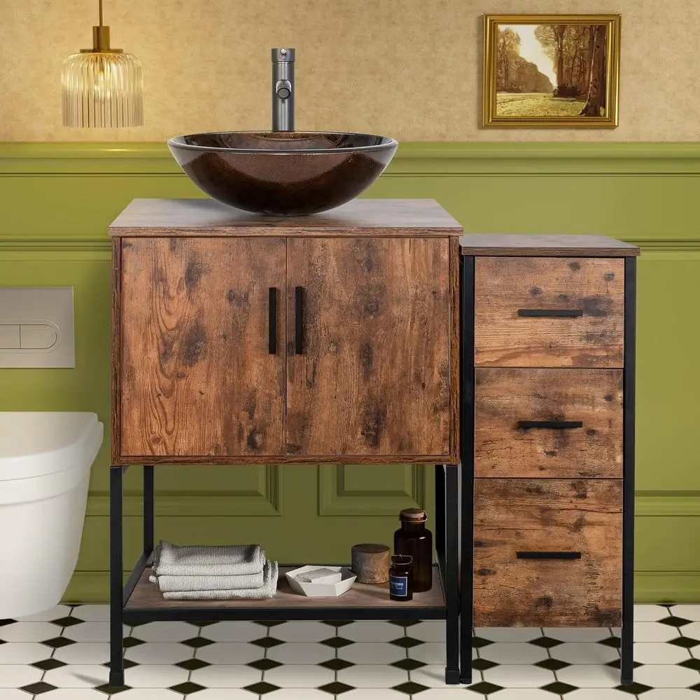 Antique Dark Brown Bathroom Vanity Set with Sink 3 Drawers and Side Cabinet Combo Iron Wood Storage Durable Stylish Design Easy 2