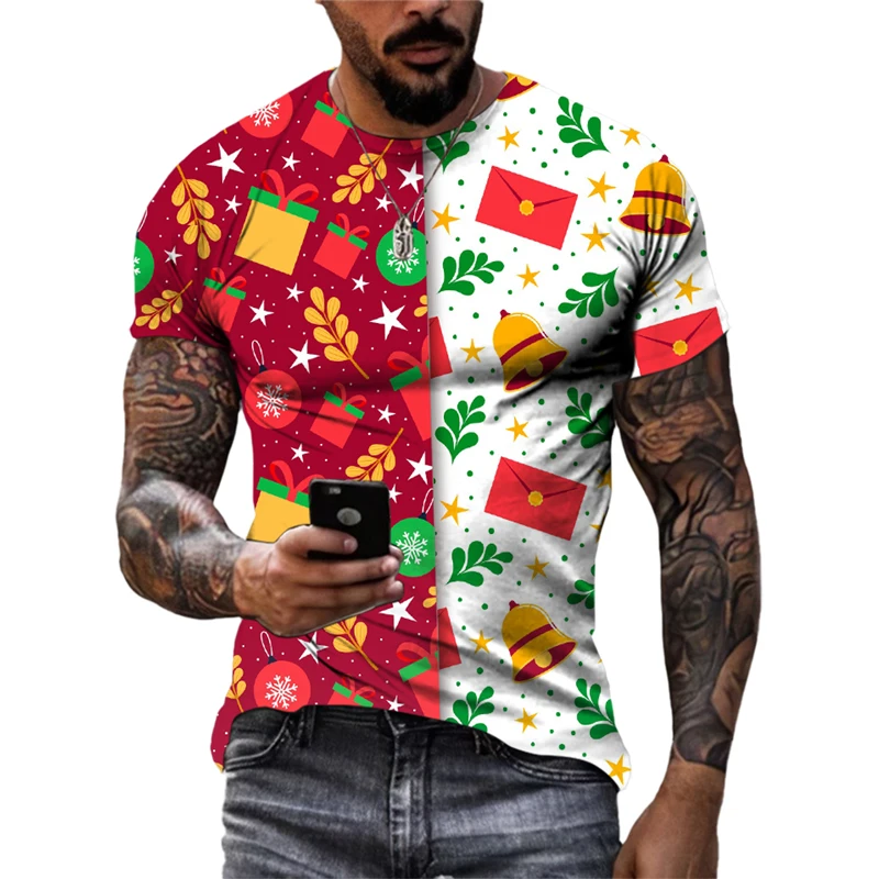 Christmas Holiday Party Santa Gifts 3D Harajuku Print Men‘s T-Shirts Round Neck Short Sleeve Pullover Fashion Cartoon TShirt