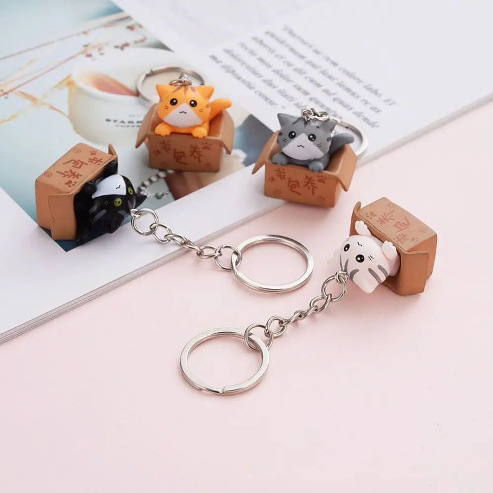 Creative Carton Little Cat Box Keychain 3D Stereo Personality Animal Jewelry Bag Pendants Key Holder For Women Men Fashion Gift fengshui cattle jewelry trinket box decorative collectible enamel wild animal gift