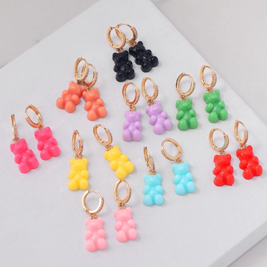 Korean Cute Colorful Gummy Resin Bear Cz Drop Earrings For Women Girls Gold Color Cartoon Bear Dangle Earrings Fashion Jewelry