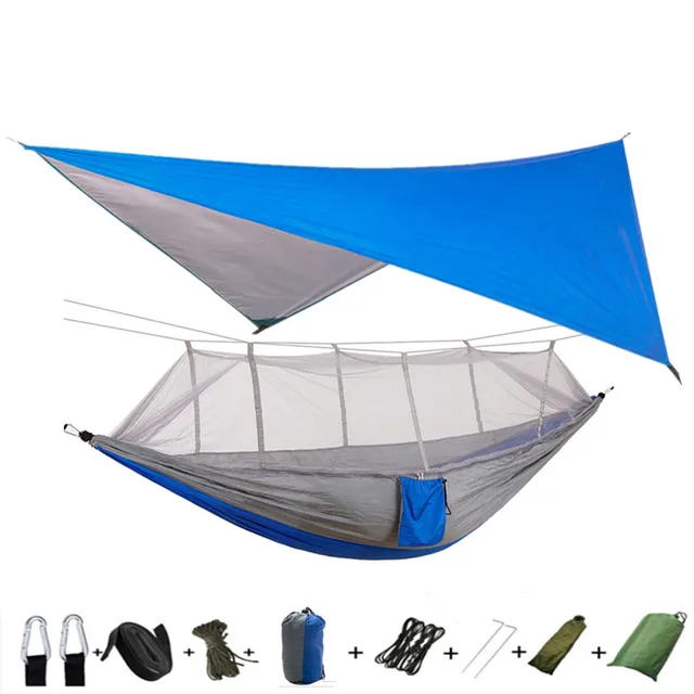 Lightweight Portable Camping Hammock and Tent Awning Rain Fly Tarp Waterproof Mosquito Net Hammock Canopy 210T Nylon Hammocks Blue and gray