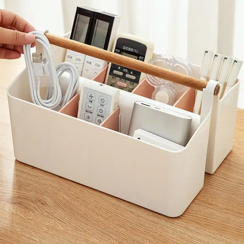 1pc Beige Desktop Multi-Functional Storage Basket With Dividers, Pen Holder  And Tissue Box, Home Living Room Table Organizer