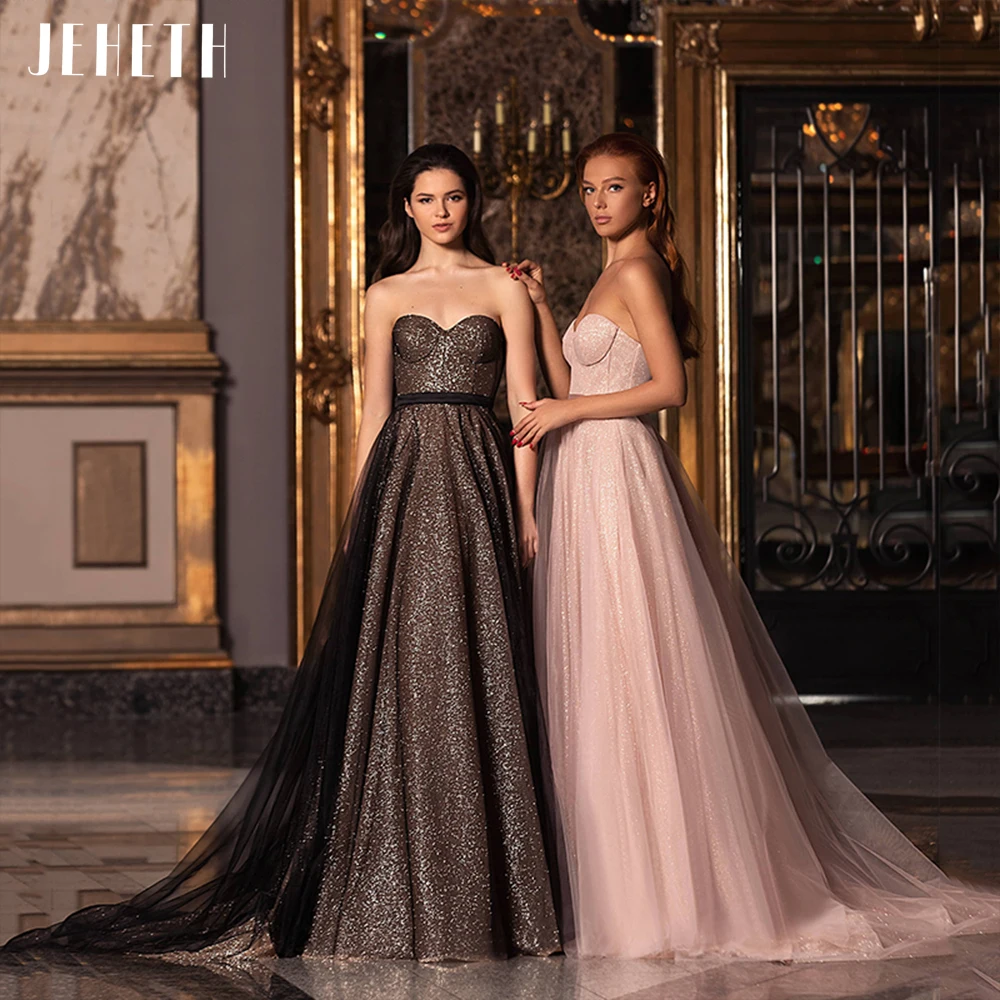 

JEHETH Glitter Tulle Strapless Evening Party Dress Elegant Sweetheart Sparkly Backless A Line Graduation Prom Gown Sweep Train