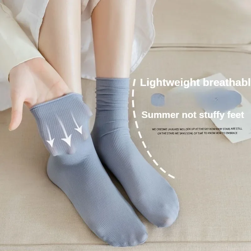 5-40Pairs Stacked Socks Women Spring and Summer Thin Solid Colour Jk Ice Silk Socks Ice Ice Socks Women Dopamine Mid-calf Socks 3