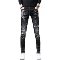 Nouveauté printemps automne Denim jean pour hommes mince en détresse déchiré pantalon peinture éclaboussures conception Streetwear luxe mince jean 5
