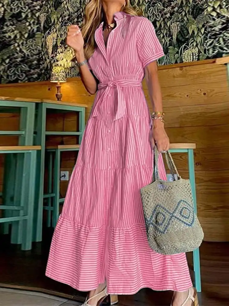 

Plus Size 5XL VONDA Elegant Stripe Dress 2024 Women Summer Ruffle Maxi Sundress Short Sleeve Casual Buttons Belted Party Vestido