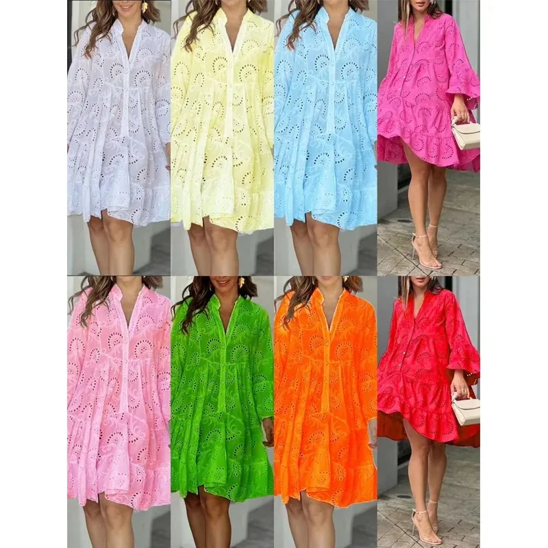 Women's Elegant V-neck Hollow Embroidery Dress Vintage Beach Mini Dresses Casual Solid Lace Sexy Summer 27725