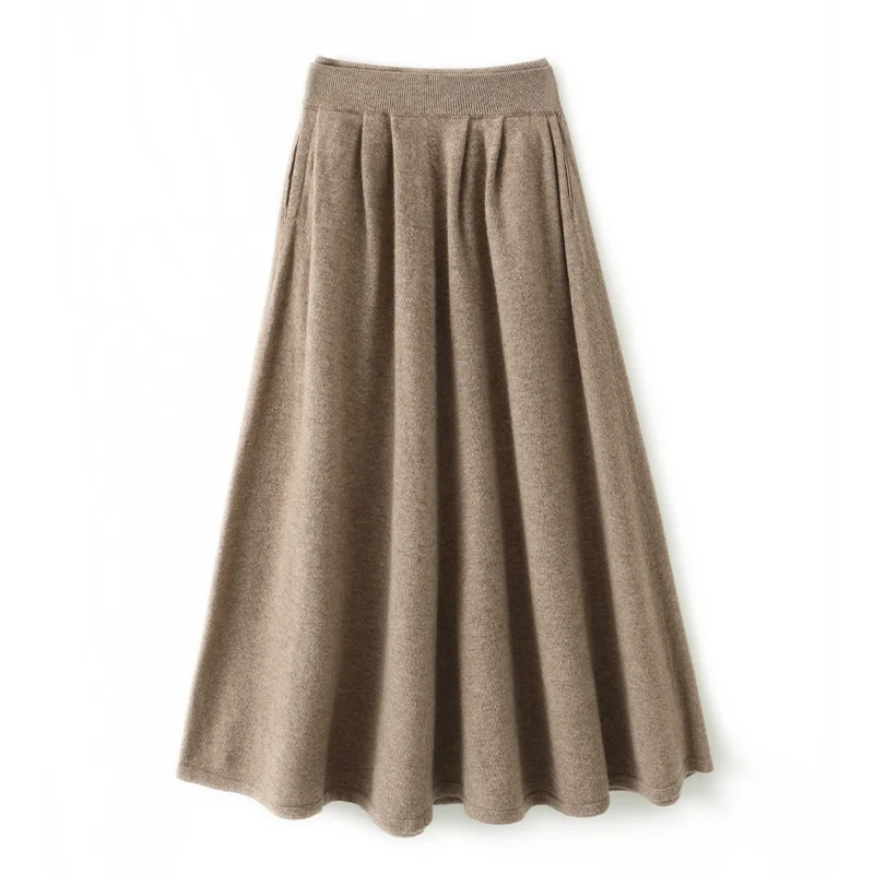 Autumn Winter New 100% Pure Wool Skirt High Waist Swing Skirt Knitted A-line Skirt Mid length Umbrella Skirt Double Waist Skirt