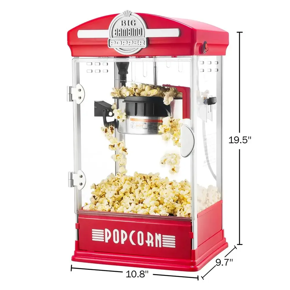 Movie Style Retro 4oz Popcorn Maker Stainless Steel Kettle Compact Tabletop Machine Kit Tray Scoop Light Bulb Red Mini Cinema 2
