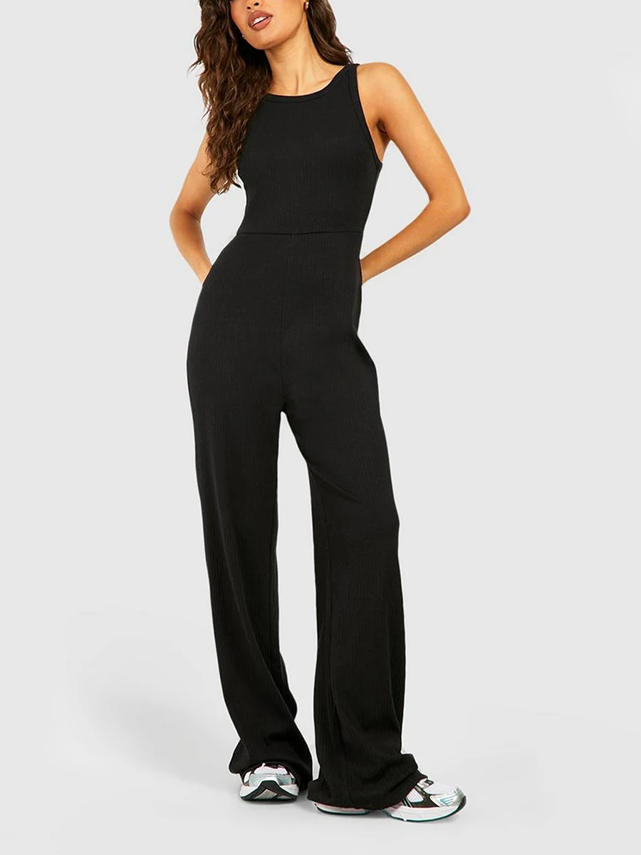 Women\'s Spring Summer Long Jumpsuit Casual Sleeveless Crewneck Solid Color Long Pants Female Rompers Club Streetwear Dailywear