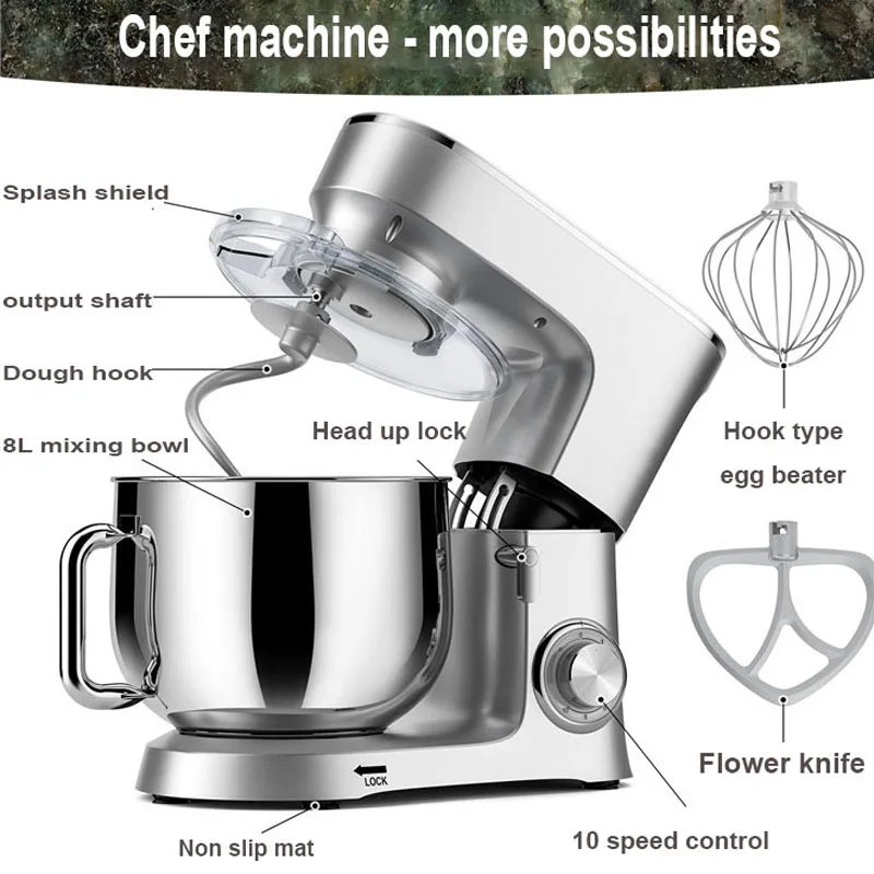 1500W Stand Mixer Professional Kitchen Food Blender Cream Whisk Cake Dough Mixers With Bowl Metal Gear Chef Machine