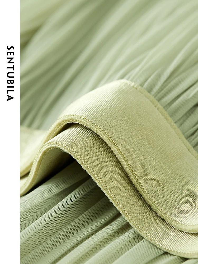 SENTUBILA Womens Simple Elegant Mesh Pleated Skirt 2024 Summer Elastic Waist Straight Midi Skirts Female Clothing W42Q54311
