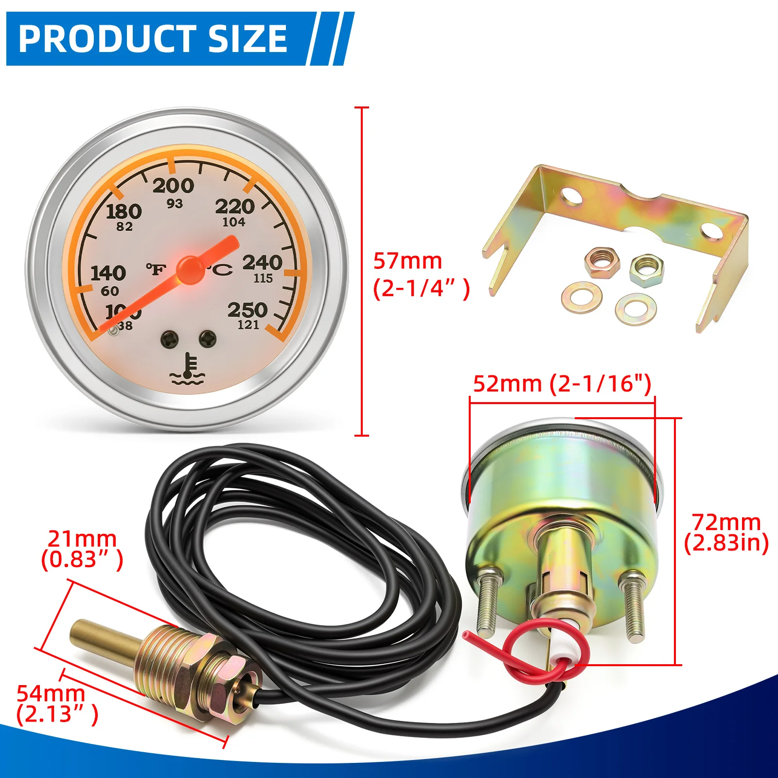 ? 2인치 52MM 기계식 12V 수온계 38-121 ℃ /100-250 ℉ 차량 수온계 (수온 센서 포함) NPT 1/2