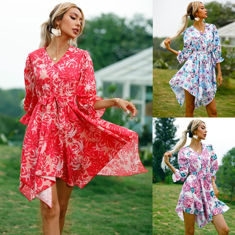 

2023 The New Leisure Fashion Joker Ladies' Printed Waist 5 Minutes Of Sleeve Dress