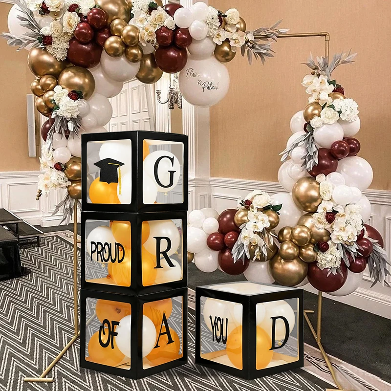 Class Of 2025 Graduation Decorations - 4 Transparent Balloon Boxes With GRAD Letters & Numbers