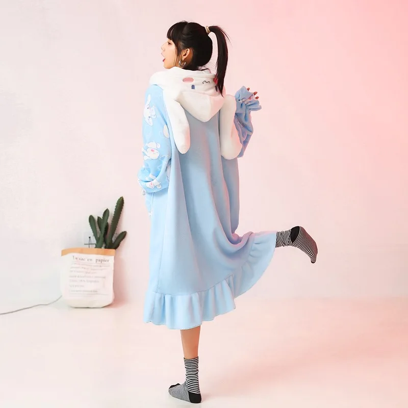 Cartoon Sanrioed Cinnamoroll Plush Pajamas Robe Set Women Anime Kawaii Home Clothes Winter Long Style Thicken Nightgown Bathrobe