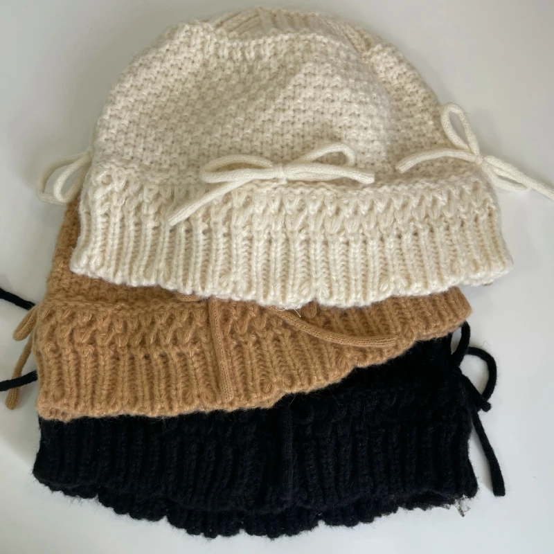Ins Bow Decoration Cute Women's Hats Autumn and Winter Korean Version Casual Versatile Solid Color Warm Knitted Bucket Caps knitted hat bucket hats denim bucket hats