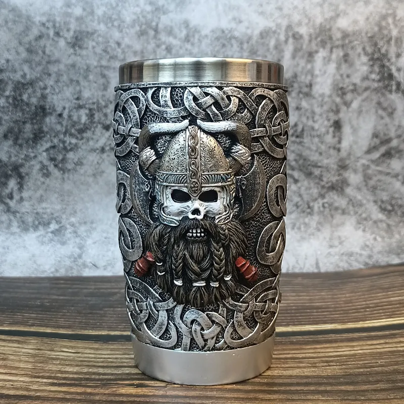 

400ML Viking Style Wooden Barrel Retro Beer Mugs Stainless Steel Resin 3D Coffee Mug Double Wall Drinking Mug Metal Insulated