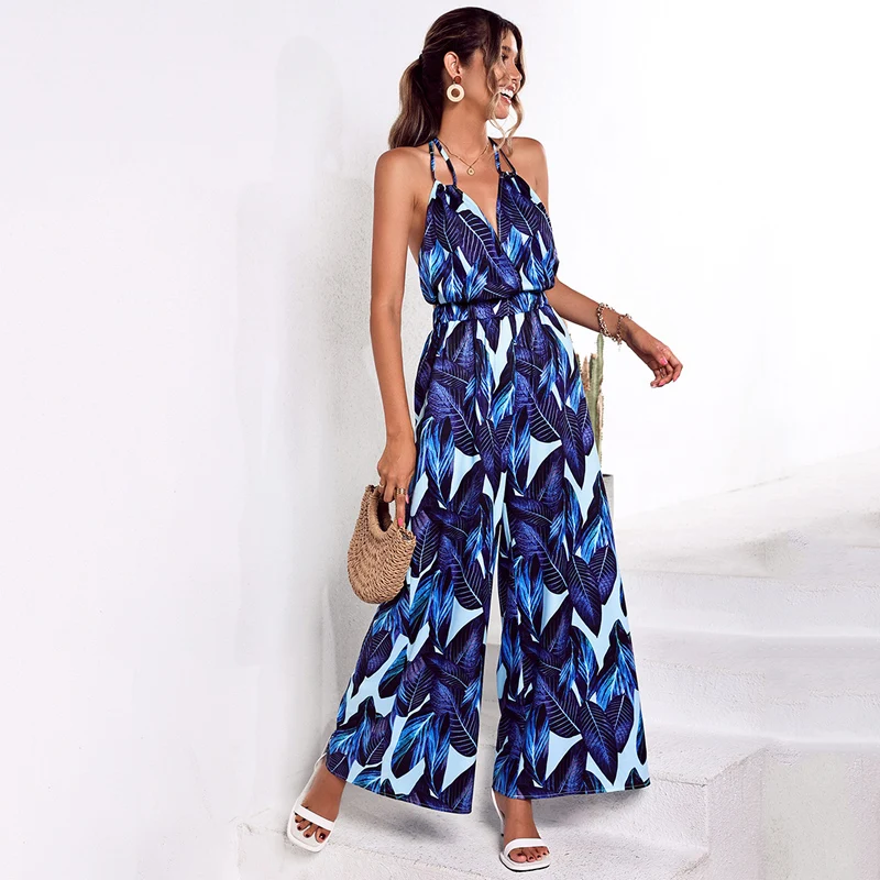 Summer New Bandage Baggy Jumpsuit Women Fashion Vintage Print High Waist Backless Halterneck Romper Femme Beach Style