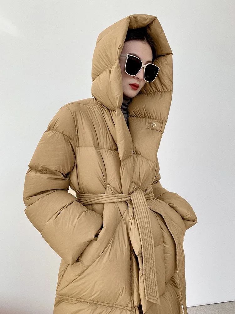 Winter Hooded Puffer Coat Women 90 White Duck Down Jacket Loose Thick