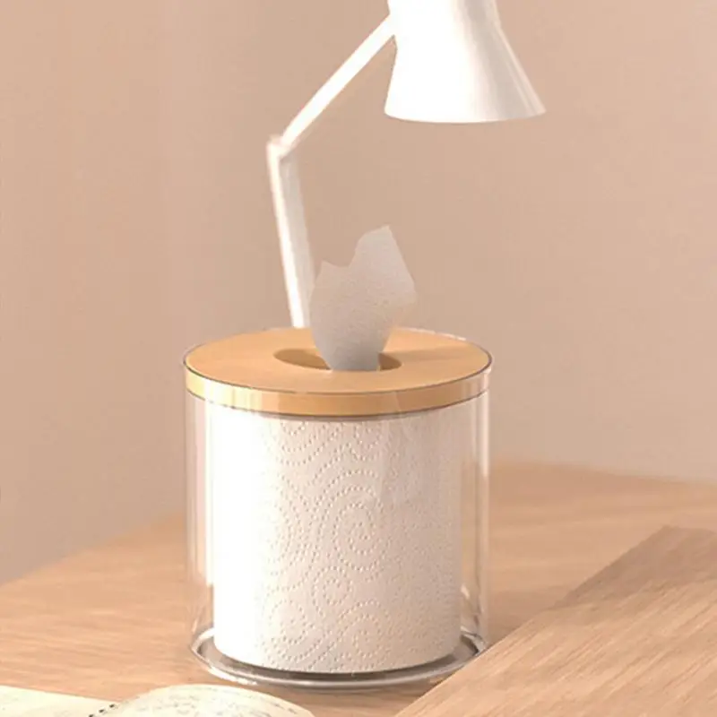 Tissue Storage Box Roll Paper Dispenser Toilet Paper Holder Desktop With Wood Cover for Bathroom