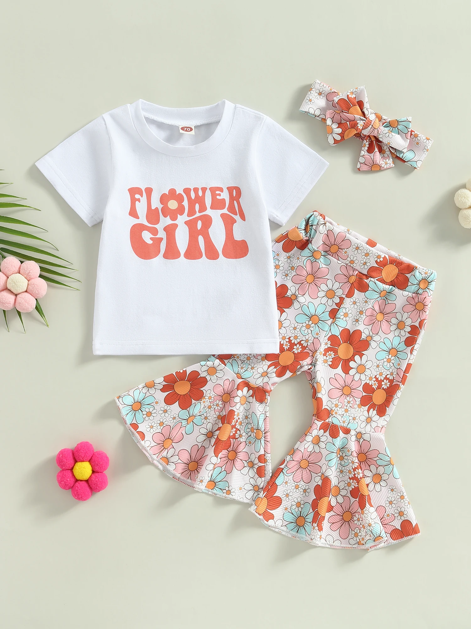 

Girls Floral Print Leggings Set Ruffled Sleeve T-shirt with Butterfly Leggings and Hair Bow