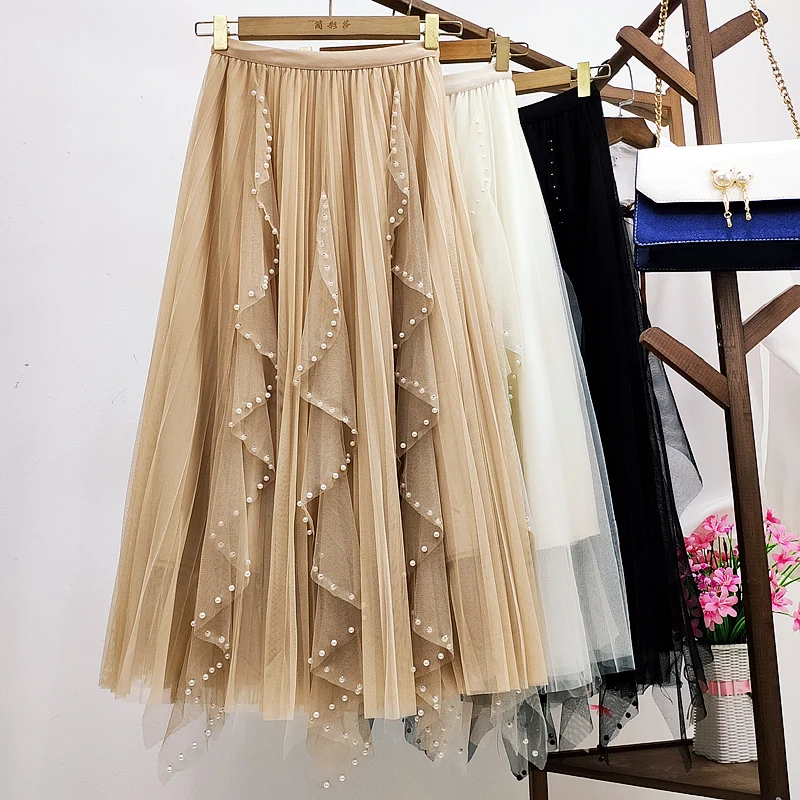 

Fashion Beading Tulle Skirts Womens Summer White Elastic High Waist Mesh Skirts Long Pleated Tutu Skirt Female Jupe Longue