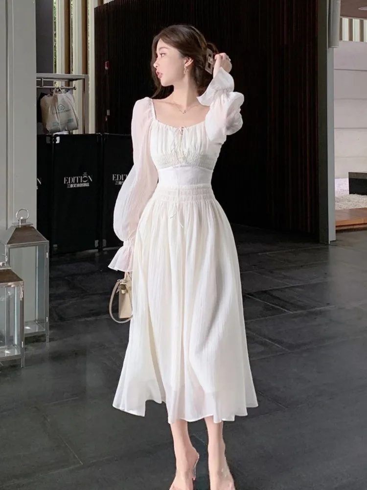 

Spring Summer New 2023 Women Elegant Midi White Long Sleeve Dresses Party Holiday Backless Prom Mixi Clothes Vestidos Robe