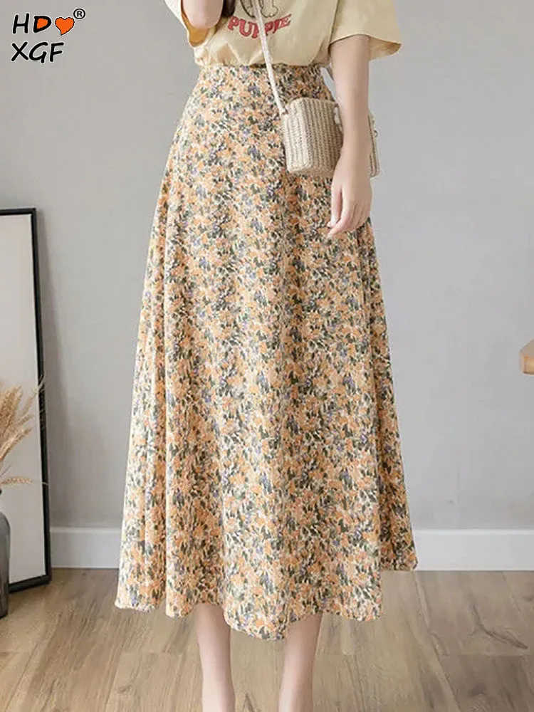 

Summer Multiple Colors Floral Plus Size Women Clothing Long Skirt Vintage High Waist A-line Pleated Skirt Streetwear Loose Skirt