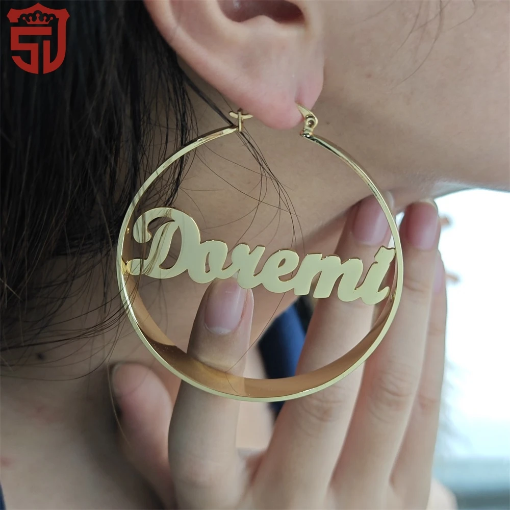 2023 Personalized Gold Plated 30-90mm Hallow Name Earring Custom Stainless Steel Chunky  Hoop Earring For Women Jewelry Gifts