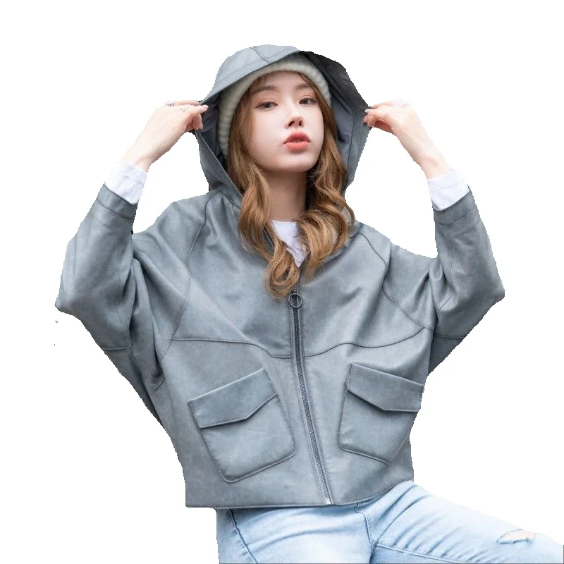 

Весеннее Новое короткое пальто из натуральной овечьей кожи Женская Корейская свободная трендовая ветровка с капюшоном Женское пальто