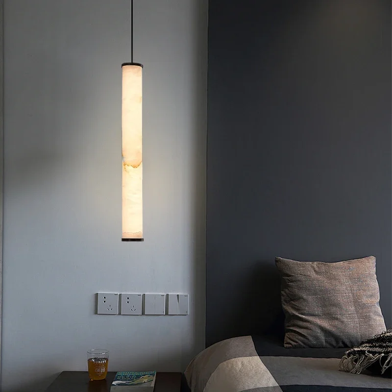 Copper Natural Marble Hanging Chandelier Light Fixture Small LED Pendant Lamp for Bedroom Dining Room Home Decor