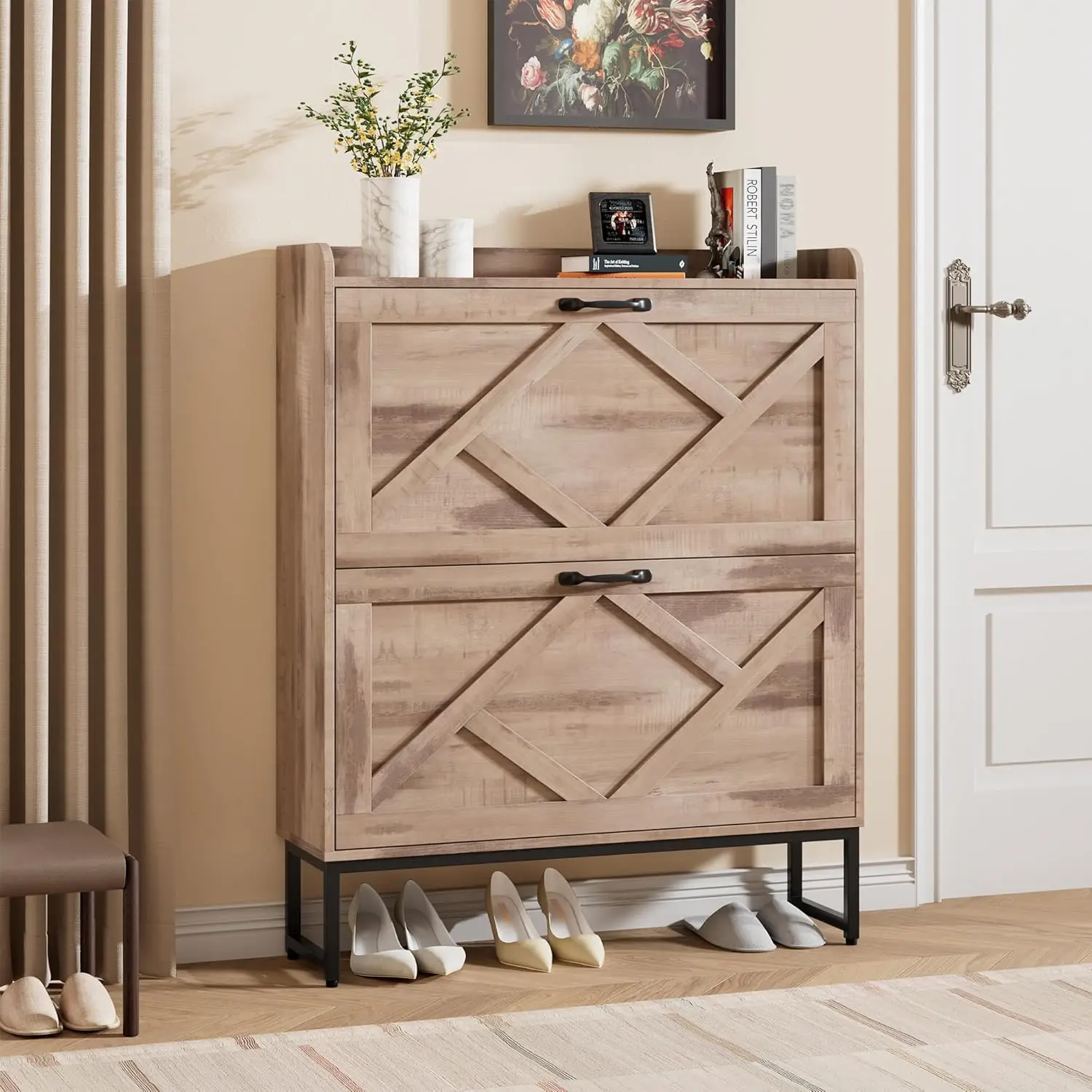 Freestanding Shoe Storage Cabinet With Two Flip Drawers Narrow Slim Organizer Rack For Entryway Toasted Oak