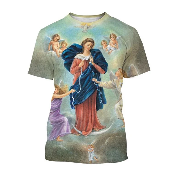 

2023 New Blessed Virgin Mary 3D Printed Men's Short Sleeve T-Shirt Fashion Casual Christian Faith Goddess Christmas Gift