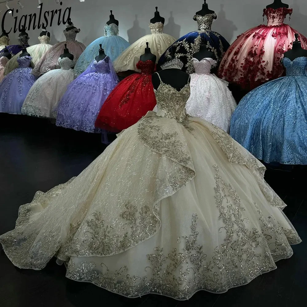 

Princess Spaghetti Strap Ruffles Bow Ball Gown Quinceanera Dress Sequined Appliques Lace Beading Corset Vestidos De XV Años